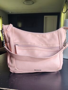 Pebbled Leather Shoulder Bag in Soft Peach with Chain-Accent Straps